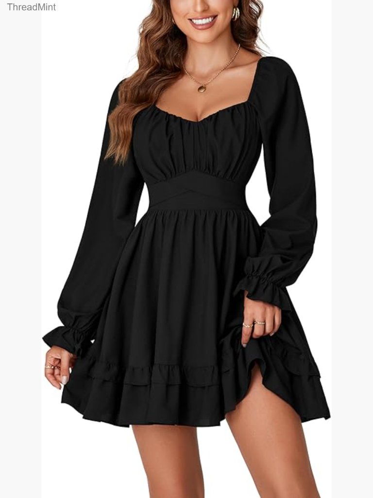 Long Sleeve Smocked Wrap Ruffle Mini Dress A-Line Casual